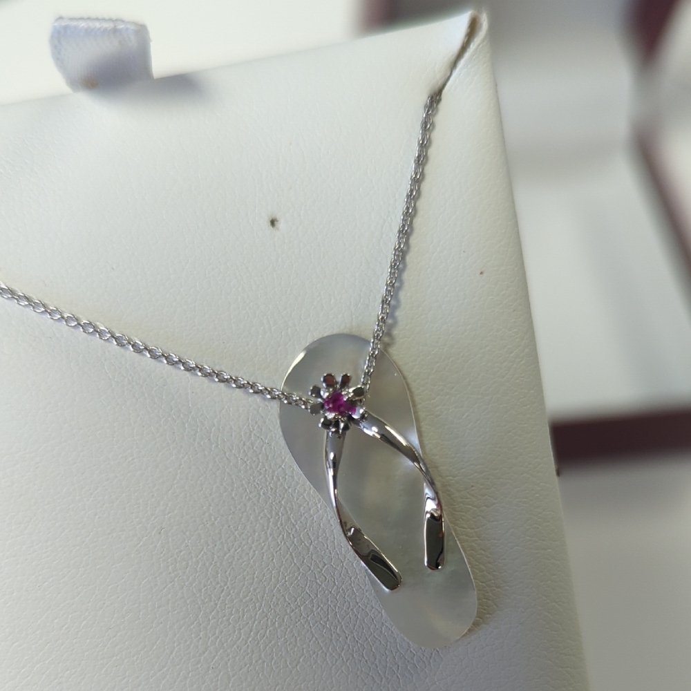 Galatea Silver Flip Flop Pendant Necklace with Pink Gem flower hawaiian beach - Picture 2 of 6